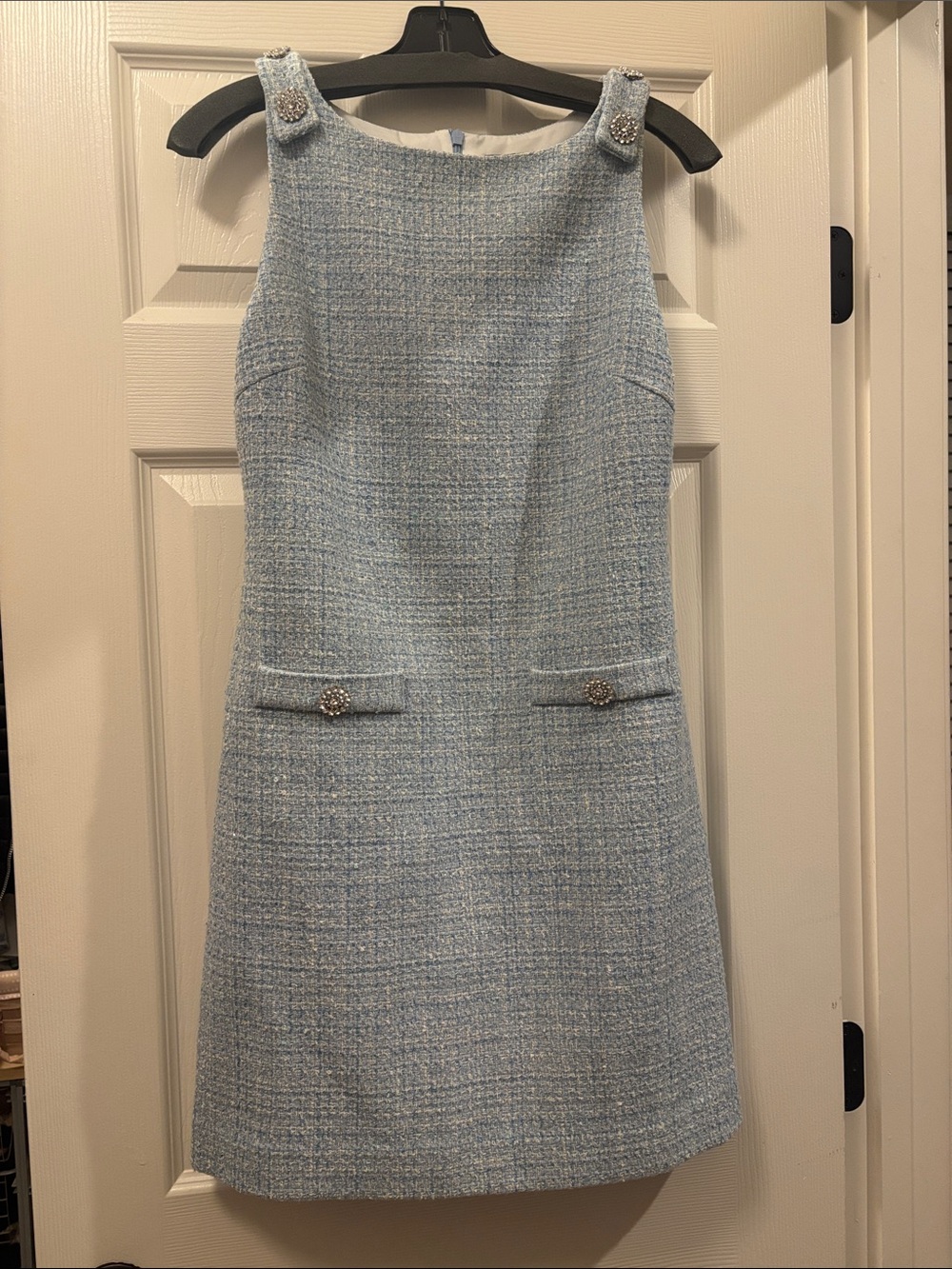 Maje Elegant Light Blue Tweed Shift Dress with Decorative Buttons Never Worn
